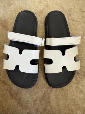 White H Cutout Strap Slide Sandals Velcro strap